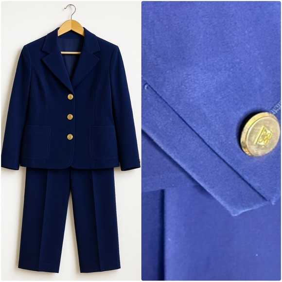 Escada Navy Blue Suit with Gold Buttons Pant Blazer Size 38 / 8 - Picture 1 of 13